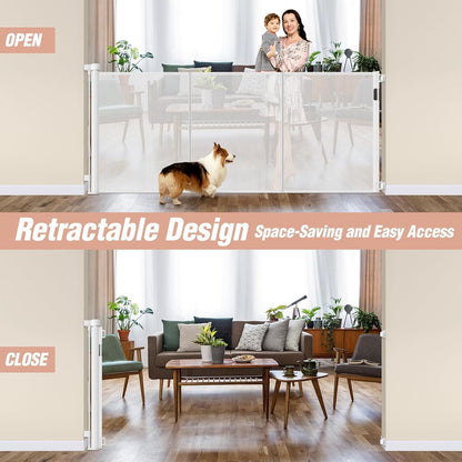 Reinforced 42" Tall Retractable Dog Gate, 155" Extra Long Retractable Baby Gate with Support Rods - Prevent Crawling Under, Indoor/Outdoor Retractable Gate Extra Tall Baby Gate Retractable Fence/Black
