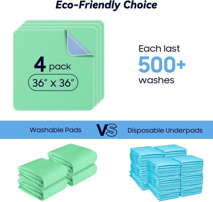 4 Pack 24” x 24” Extra Heavy Absorbency Washable Underpads, Waterproof Nursing Pads Incontinence Bed Pads, Reusable Washable Pee Pads for Dogs, Diaper Changing & Adults, Washable Puppy Pads
