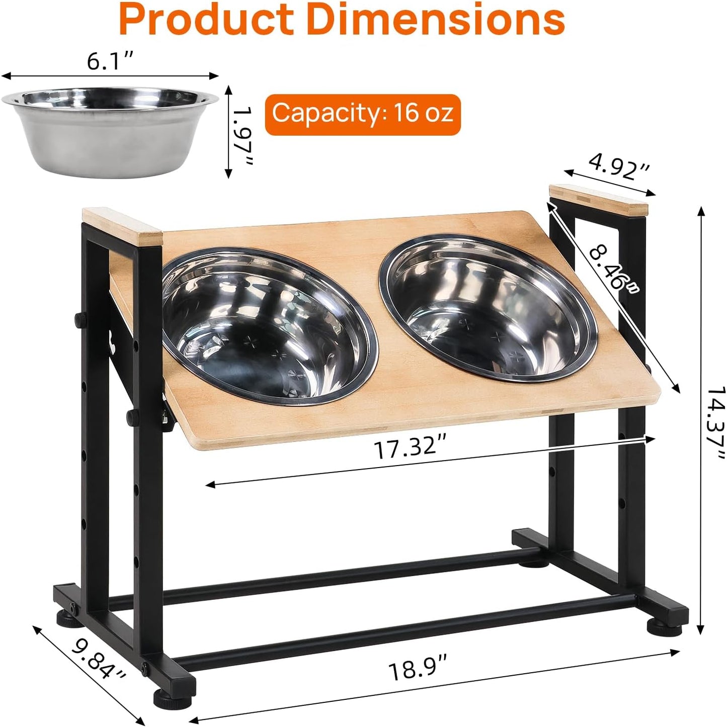 Adjustable Height Pet Feeder Stand with 2 Dishwasher-Safe Stainless Steel Bowls – Brown Wood Top & Black Metal Frame Elevated Food/Water Station for Dogs/Cats Under 100LBS
