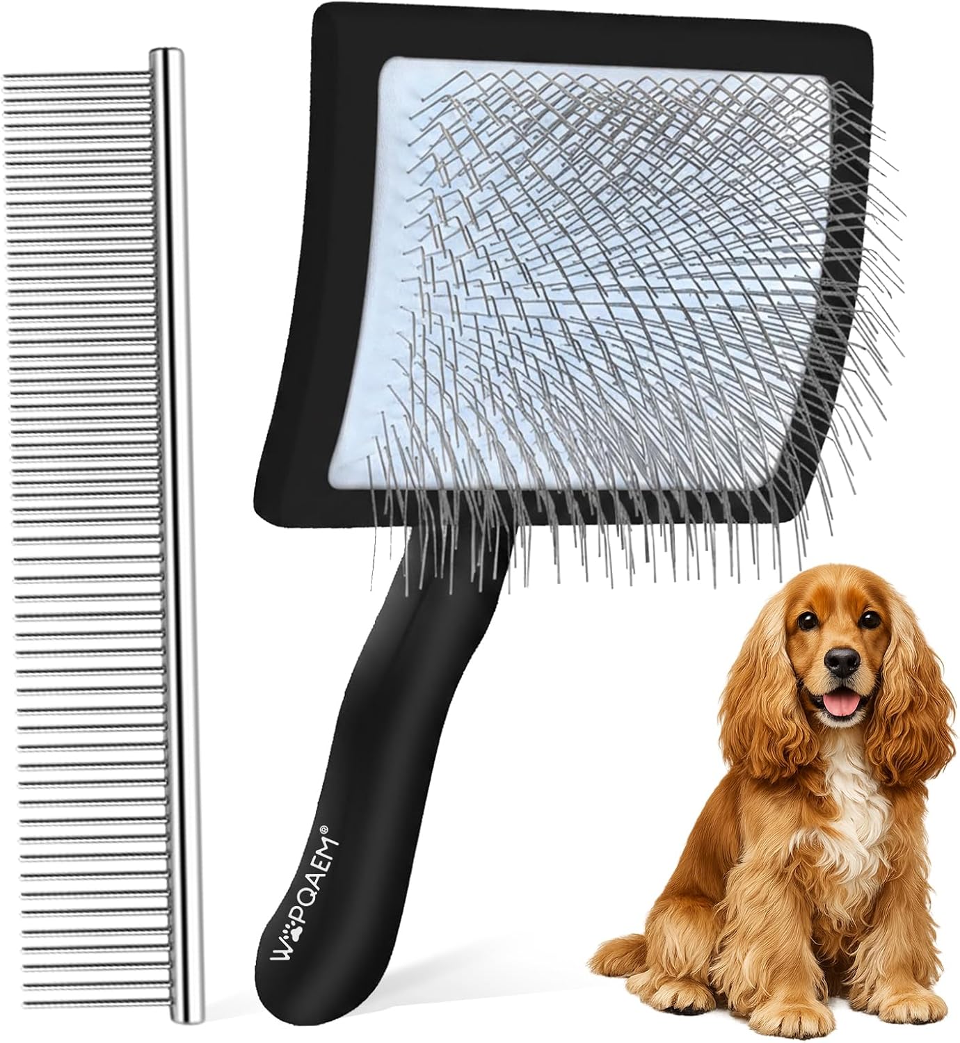 Slicker Brush for Doodles and Poodles - 2-Piece Solid Wood Dog Grooming Set with Extra Long Pin Dematting Tool and Metal Comb for Curly, Matted & Thick Hair, Purple