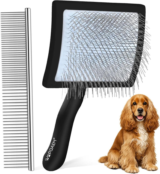 Slicker Brush for Doodles and Poodles - 2-Piece Solid Wood Dog Grooming Set with Extra Long Pin Dematting Tool and Metal Comb for Curly, Matted & Thick Hair, Purple