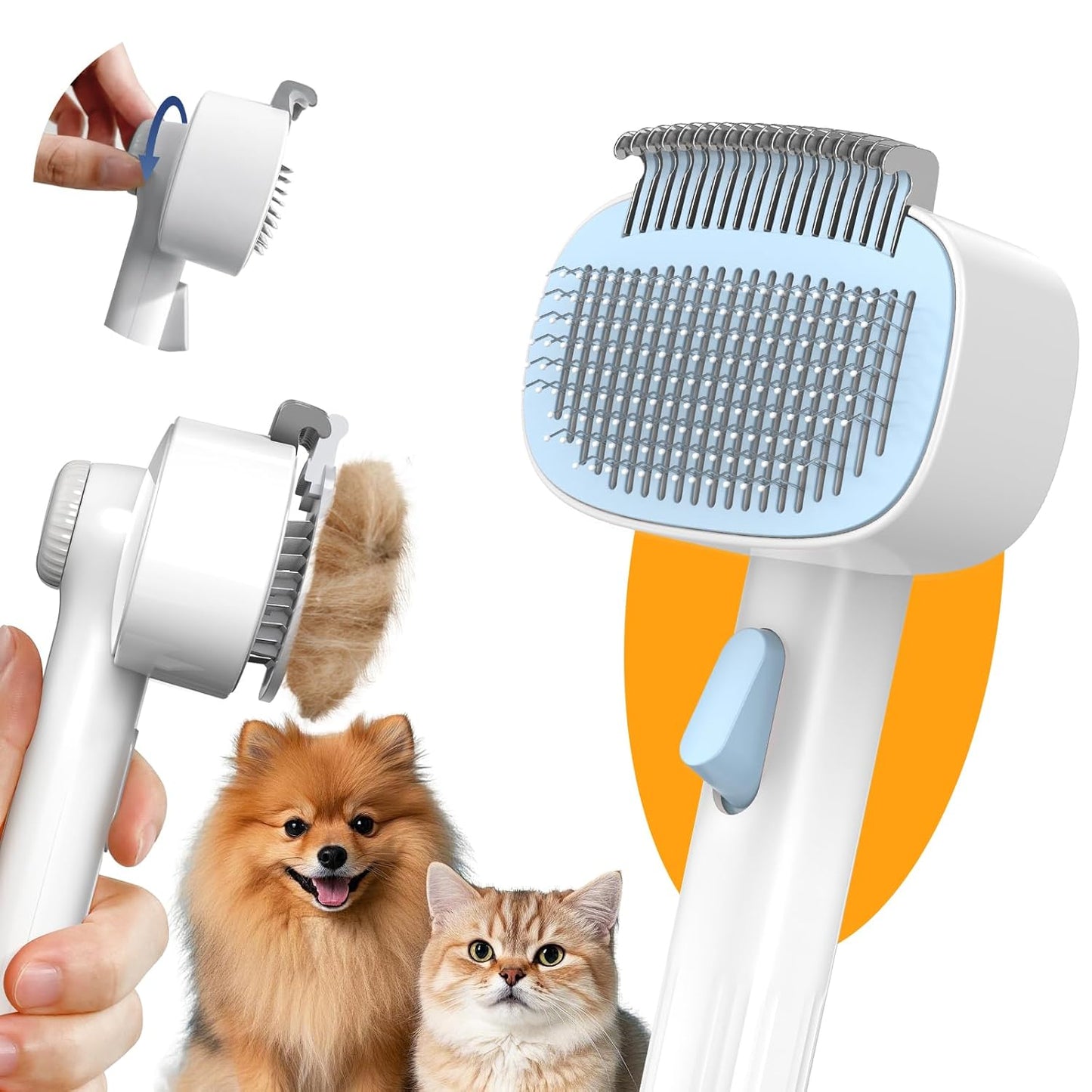 Dog & Cat Brush for Shedding, Self Cleaning Deshedding Brush with Adjustable Bristle Length & Dematting Comb, Skin Friendly Grooming Tool for Long & Medium-Long Hair Pets