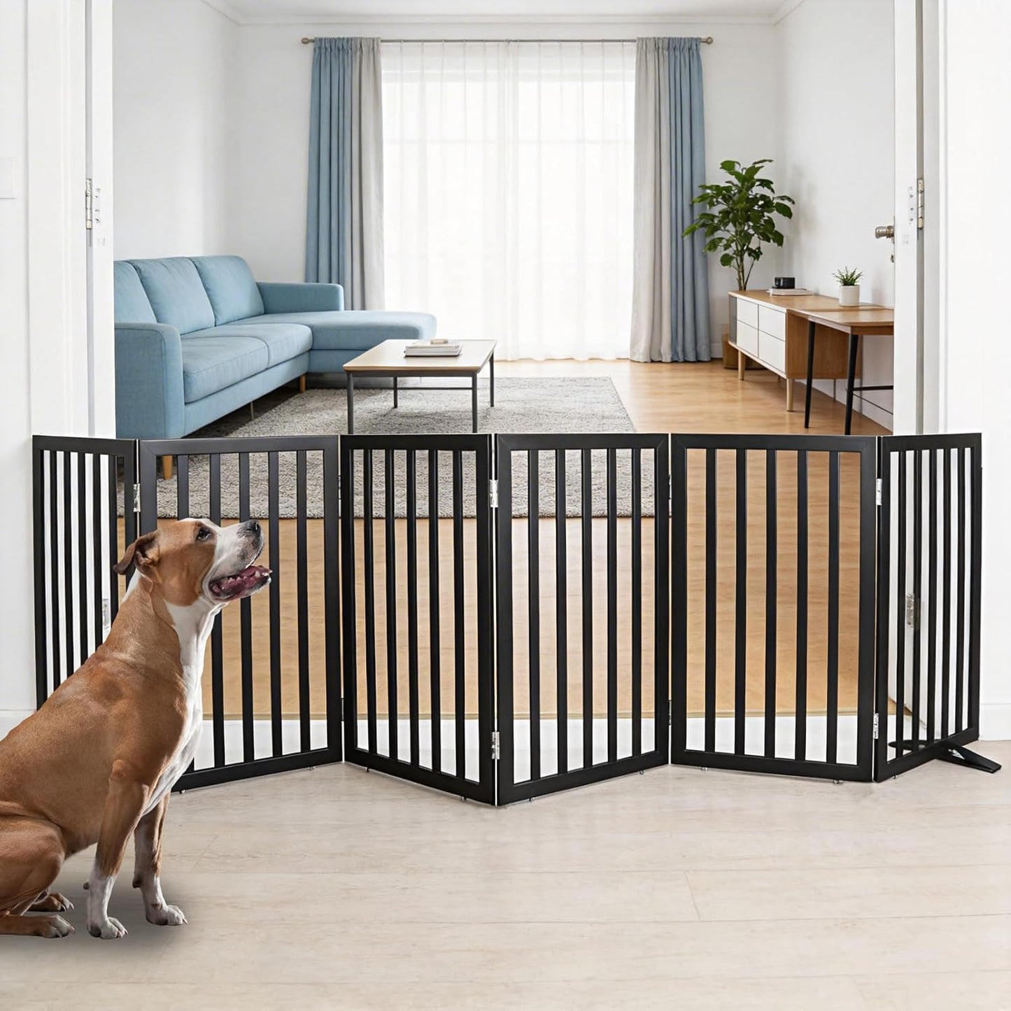 ZJSF Freestanding Indoor Dog Gate for House Foldable Wood Puppy Gate for Doorways Pet Gate for Stairs Extra Wide Pet Fence, Brown, 24" Height 3 Panels