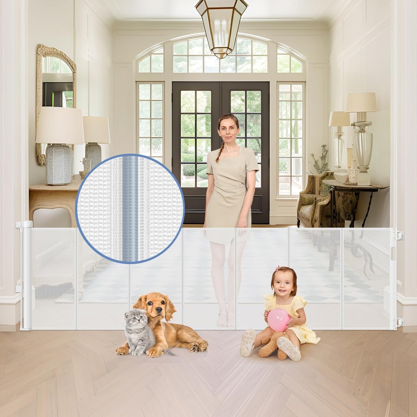 Reinforced 90 Inch Retractable Baby Gates Extra Wide Baby Gate with Reinforced Strips, 7.5ft Long Retractable Dog Gate for The House 33 Inch Tall Extra Long Pet Gates for Wide Openings, Black