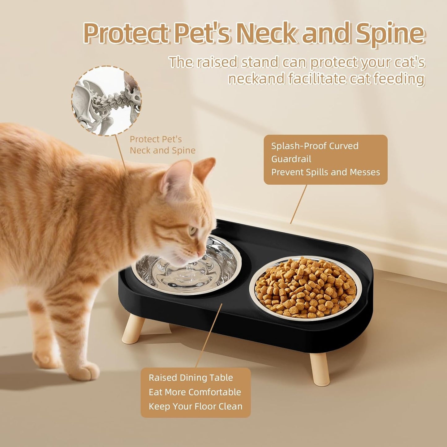 Elevated Cat Bowl, Raised Cat Food and Water Bowl Set for Indoor Cats, Splash Proof with 2 Stainless Steel Pet Food Bowls for Cats and Puppies, Whisker Fatigue and Dishwasher Safe - White