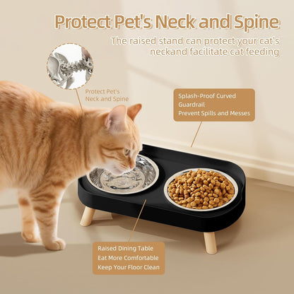 Elevated Cat Bowl, Raised Cat Food and Water Bowl Set for Indoor Cats, Splash Proof with 2 Stainless Steel Pet Food Bowls for Cats and Puppies, Whisker Fatigue and Dishwasher Safe - White