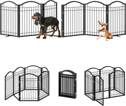 BHG Metal No-Assembly Freestanding Dog Gate with Door Walk Through, Extra Wide 144", Extra Tall 32" Pet Gate, Accordion Puppy Folding Playpen Dog Fence, with 2PCS Support (Black, 6 panesl)