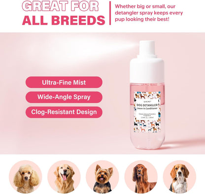 Dog Detangler & Dematting Spray - Leave-in Conditioner, Classic Powdery Scent | Infused with Coconut Oil, Jojoba Oil, and Squalane for Easy, Tangle-Free Grooming - 3.38 fl. oz