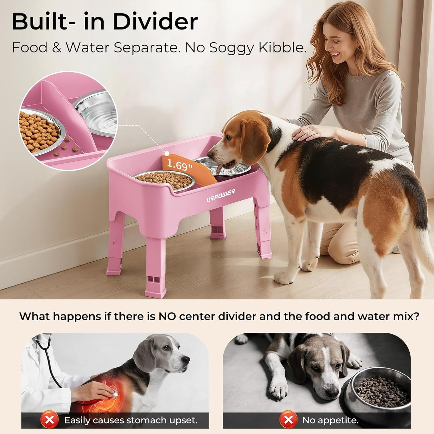 URPOWER 3-in-1 Elevated Dog Bowls - Mess Proof Double Deck 4 Height Adjustable Raised Stand with 2 Stainless Steel Food Bowls & Licking Plate for Small, Medium & Large Dogs