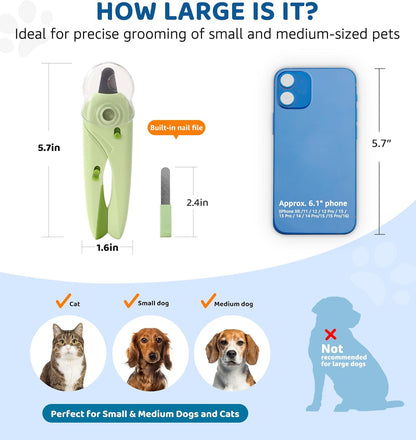 Pet Nail Clipper with Light for Cats & Small Dogs Puppies, Ultra Bright LED to Illuminate Nail Bloodline to Avoid Over Cutting, Extra-Sharp and Durable Cat Claw Trimmer with Nail File (Green)