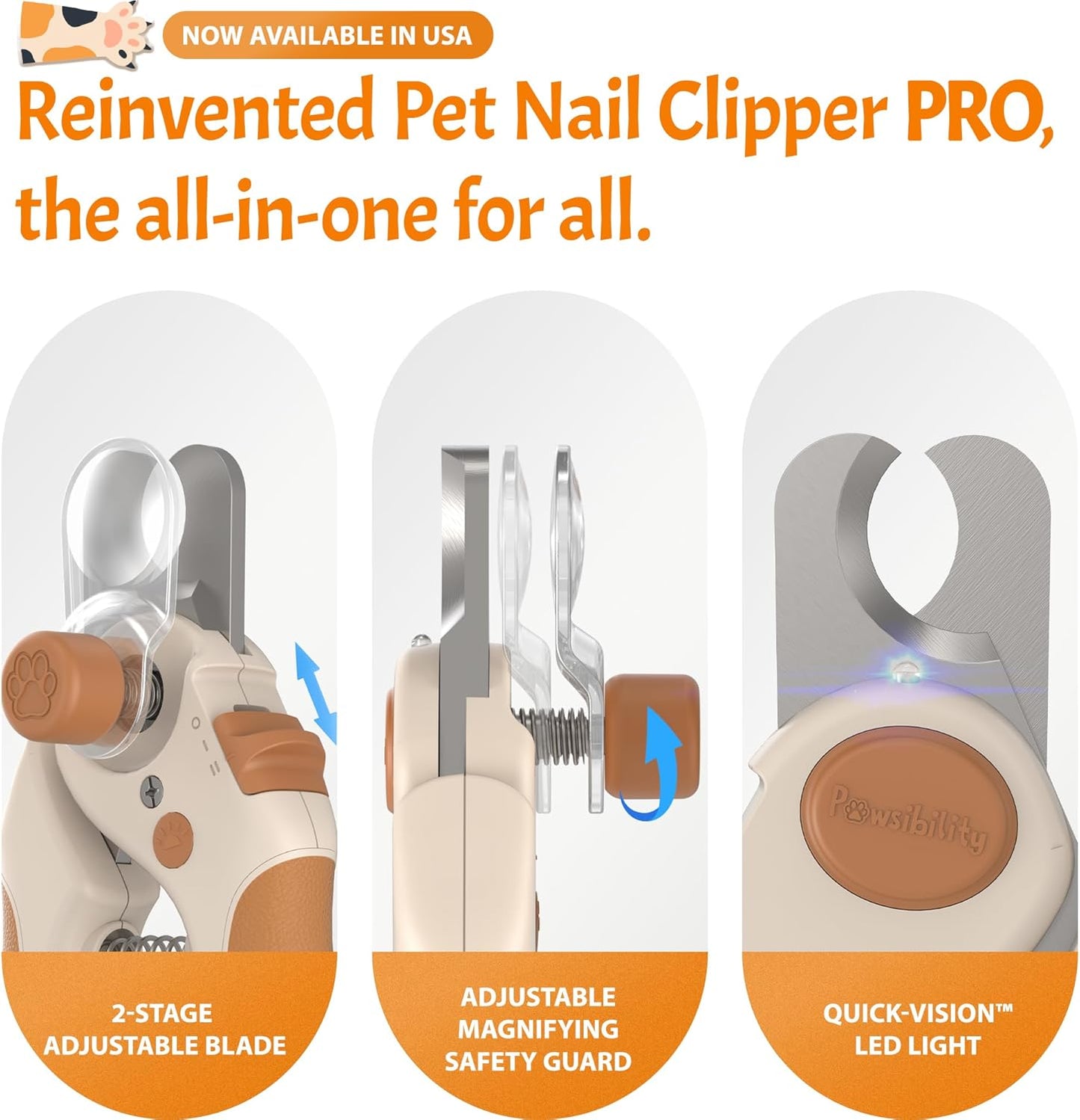 Pawsibility Pet Nail Clipper PRO 2026 - Quick-Vision LED Light | 2-Stage Adjustable Professional-Grade Blade | Adjustable Magnifier Safety Guard - for Cats, Small, Medium and Large Dogs - Brown