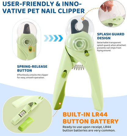 Pet Nail Clipper with Light for Cats & Small Dogs Puppies, Ultra Bright LED to Illuminate Nail Bloodline to Avoid Over Cutting, Extra-Sharp and Durable Cat Claw Trimmer with Nail File (Green)