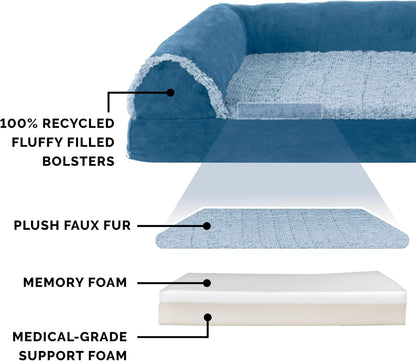 Furhaven Memory Foam Dog Bed for Large Dogs w/ Removable Bolsters & Washable Cover, For Dogs Up to 95 lbs - Two-Tone Plush Faux Fur & Suede L Shaped Chaise - Espresso, Jumbo/XL