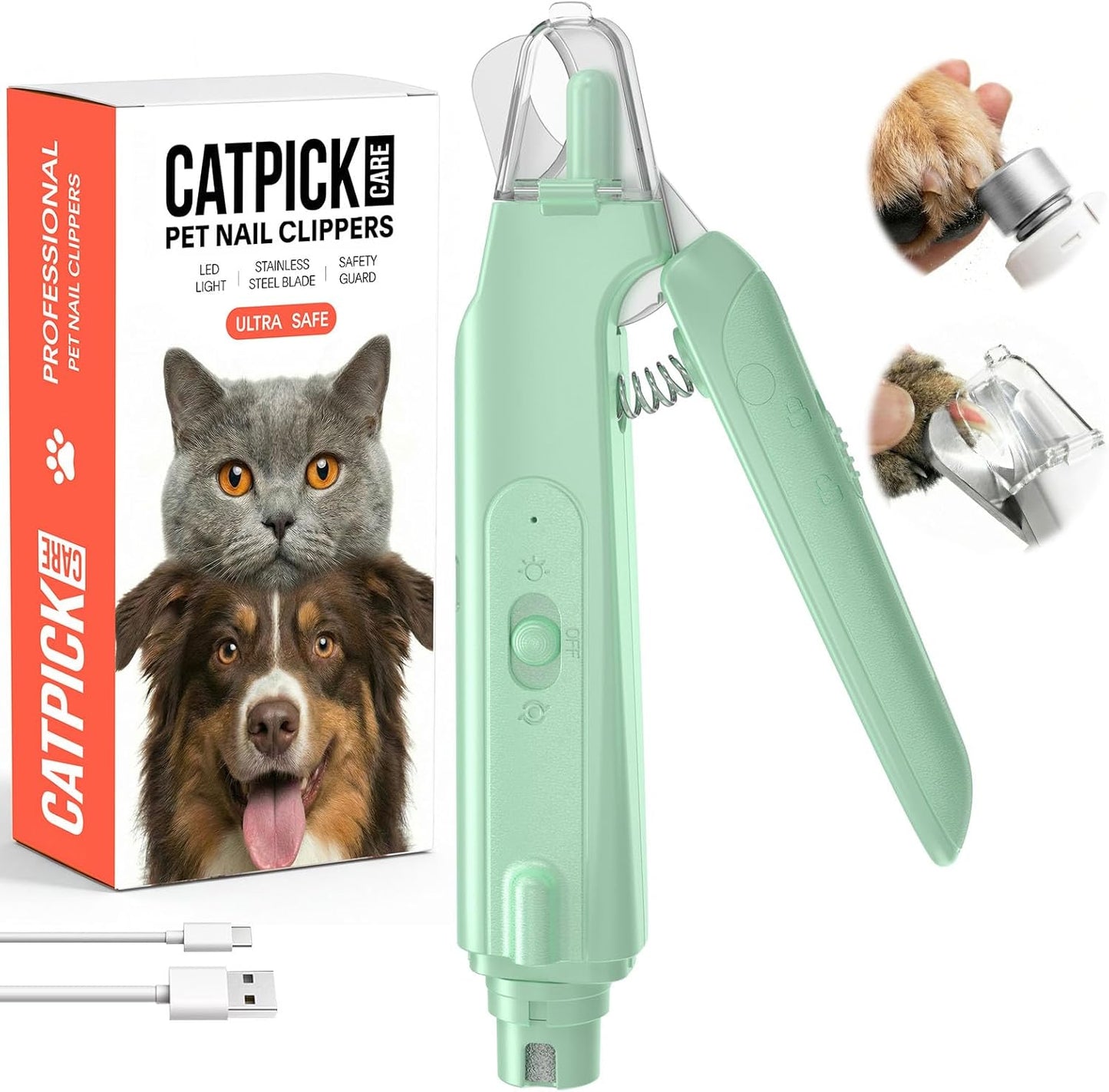 2-in-1 Dog & Cat Nail Clipper with Grinder - Dual Highlight LED Reduce Over-Trimming, Long Battery Cordless USB-C Rechargeable, Safety Lock & Catcher Cap, Quiet Home Grooming for Small Large Pets
