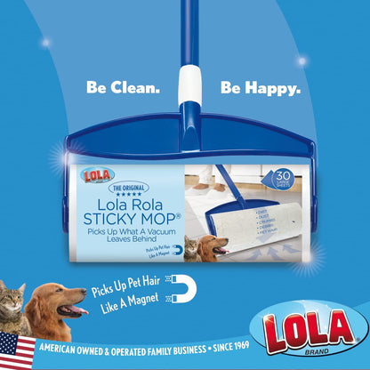 LOLA Rola PET Hair Remover Sticky Mop, Giant Floor Lint Roller, 9" x 3.5", Aluminum Handle, Largest Head, Traps Hair, Dust, Dirt, Extra Sticky Sheets