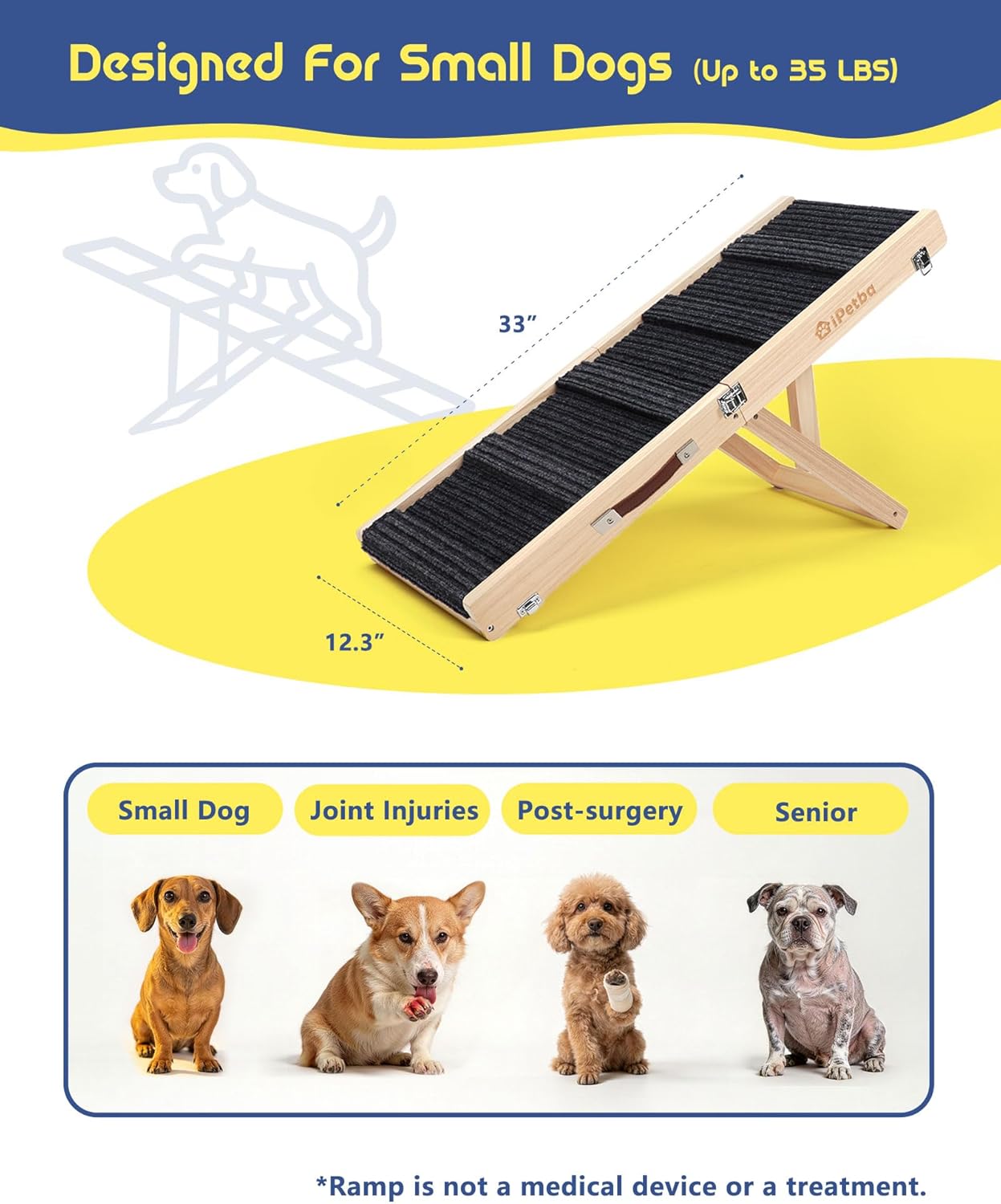 Dog Ramp for Bed & Couch for Small & Medium Dogs - Joint-Friendly, Anti-Slip, Adjustable, Odor-Free, Up to 70 lbs