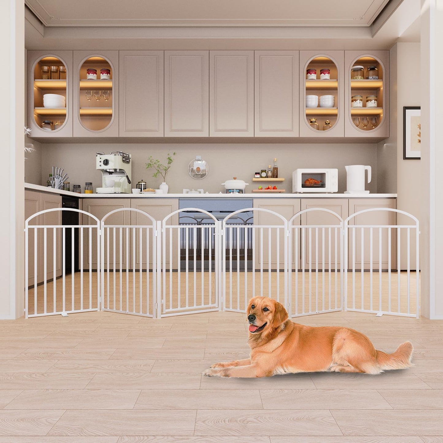 SNUOWU 4 Panels Full Matel Freestanding Dog Gates with Door, 96"Extra Wide 32"Tall Free Standing Dog Pet Gate for Indoor & Outdoor. Foldable Pet Fences for Doorways, House, Stairs, Porch, Deck, Yard