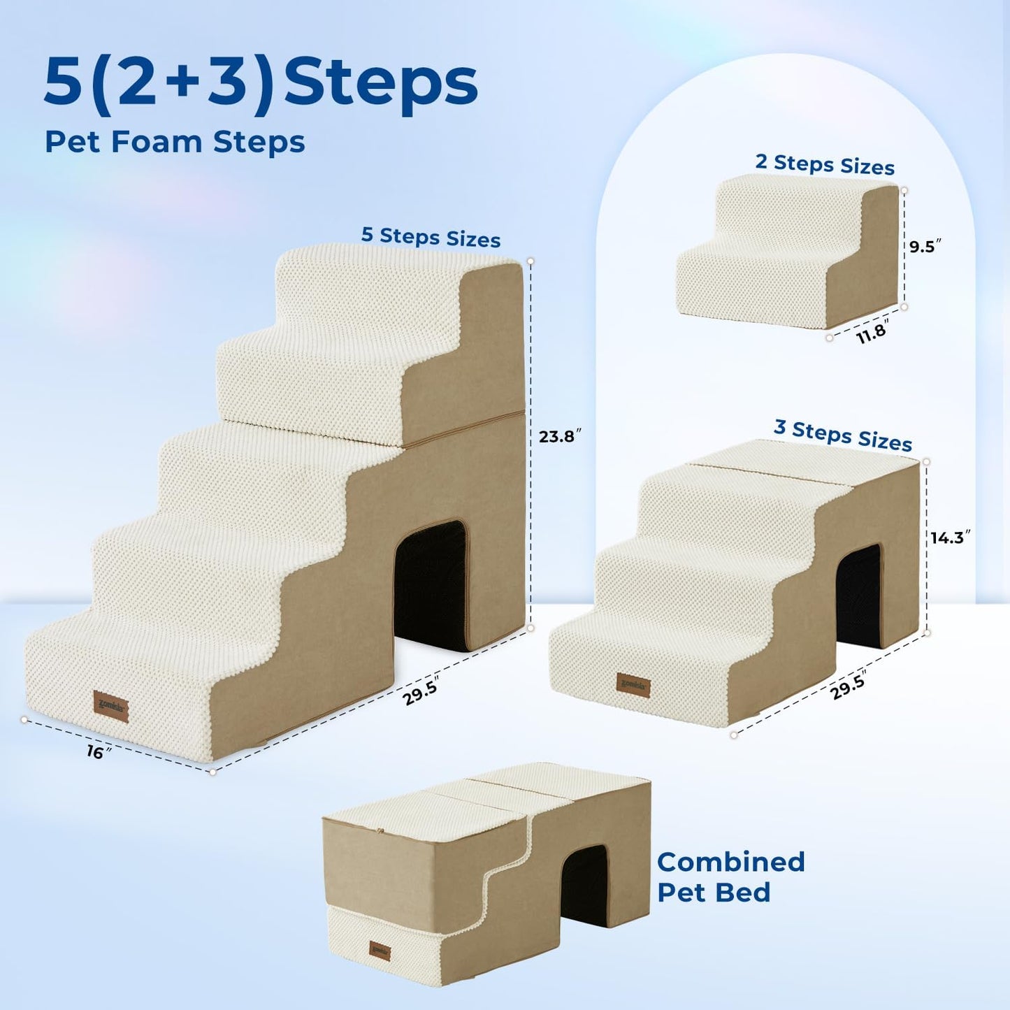 ZOMISIA Dog Ramp for Large Dogs - 24"H 5-Step Pet Stairs for High Beds with Tunnel, 2-in-1 Design with Zippers, Suitable for Indoor Cat Ladders with Non-Slip Bottom, Beige