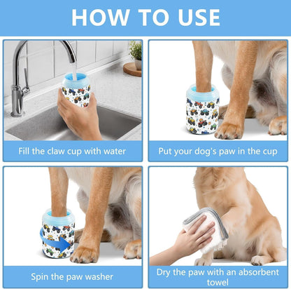 Monster Trucks White Pattern Dog Paw Cleaner Cup with Soft Silicone Brush, Lightweight Small Portable Muddy Paw Washer for Dogs, Easy to Use Pet Foot Cleaner