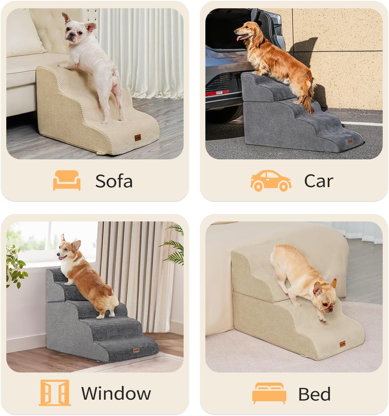 Made4Pets Dog Stairs Ramp for Small Dogs 15.7" H, 3-Step Dog Steps for Bed Couch Sofa and Chair, 35D Foam Pet Steps for Small Dogs and Cats, Non-Slip Bottom Pet Stairs, Grey