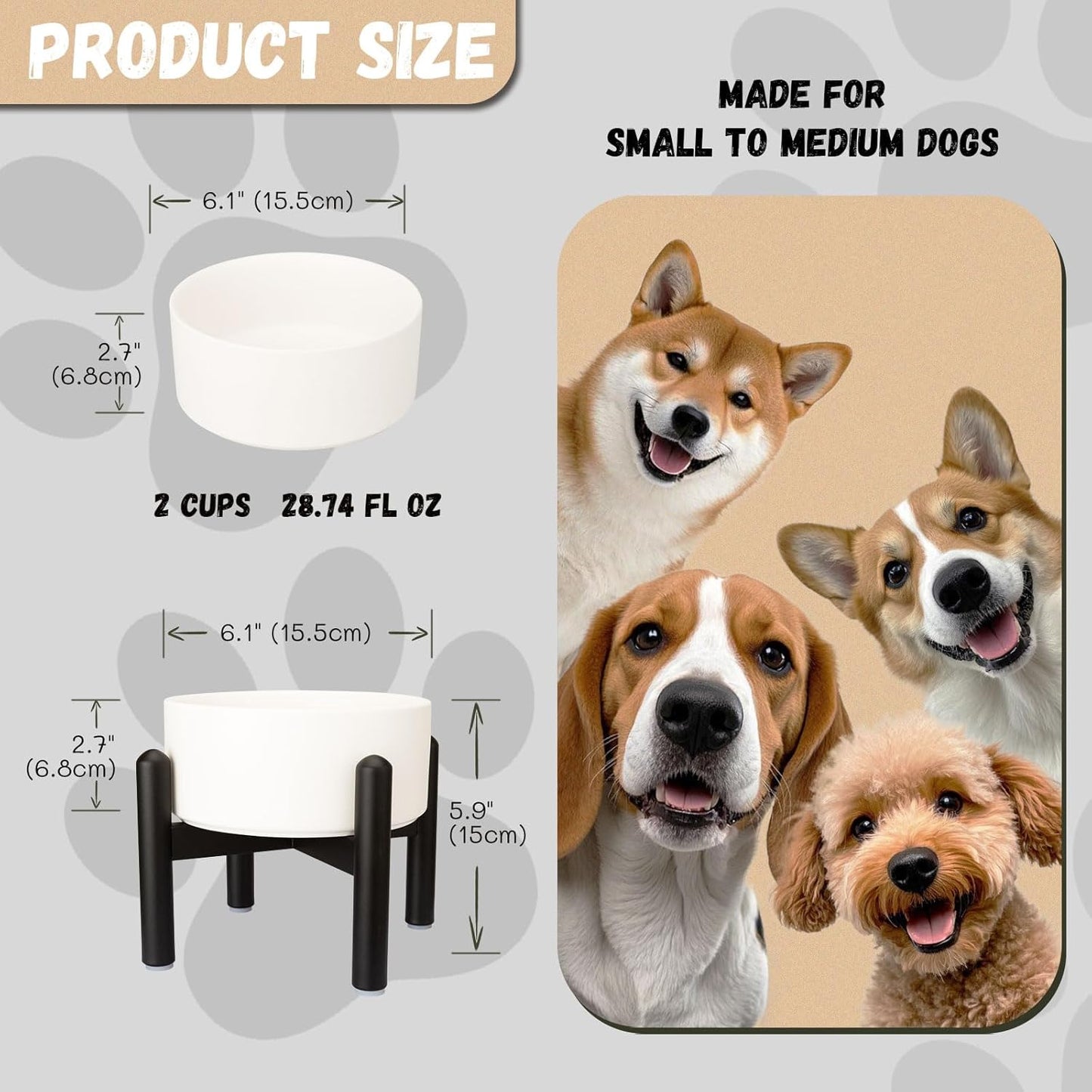 Raised Ceramic Dog Bowl Set - Elevated Double Dishes with Stainless Steel Stand - Food and Water Bowls for Small to Medium Dogs - Each Holds 3.5 Cups (29.57 fl oz) - White