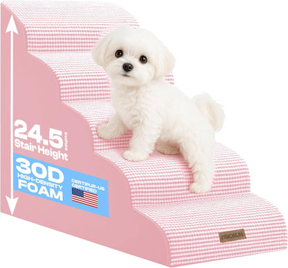Dog Stairs for High Beds Up to 30", Extra-Tall 5-Step Dog Steps for Bed, 24.5" Tall Foam Pet Stairs for Small & Medium Dogs, Gentle Slope Cat Ramp for Bed with Washable Cover