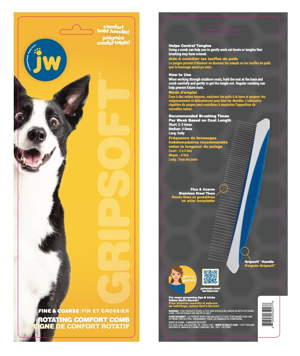 JW Pet Company 8-Inch Gripsoft Rotating Comfort Comb, Fine and Coarse,Gray/Yellow
