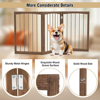 PETSITE 3-Panel Foldable Dog Gate Indoor, 30 Inch Height Wooden Freestanding Pet Fence for Stairs, Hallways, and Doorways, Ideal for Small Sized Pets (Grey)
