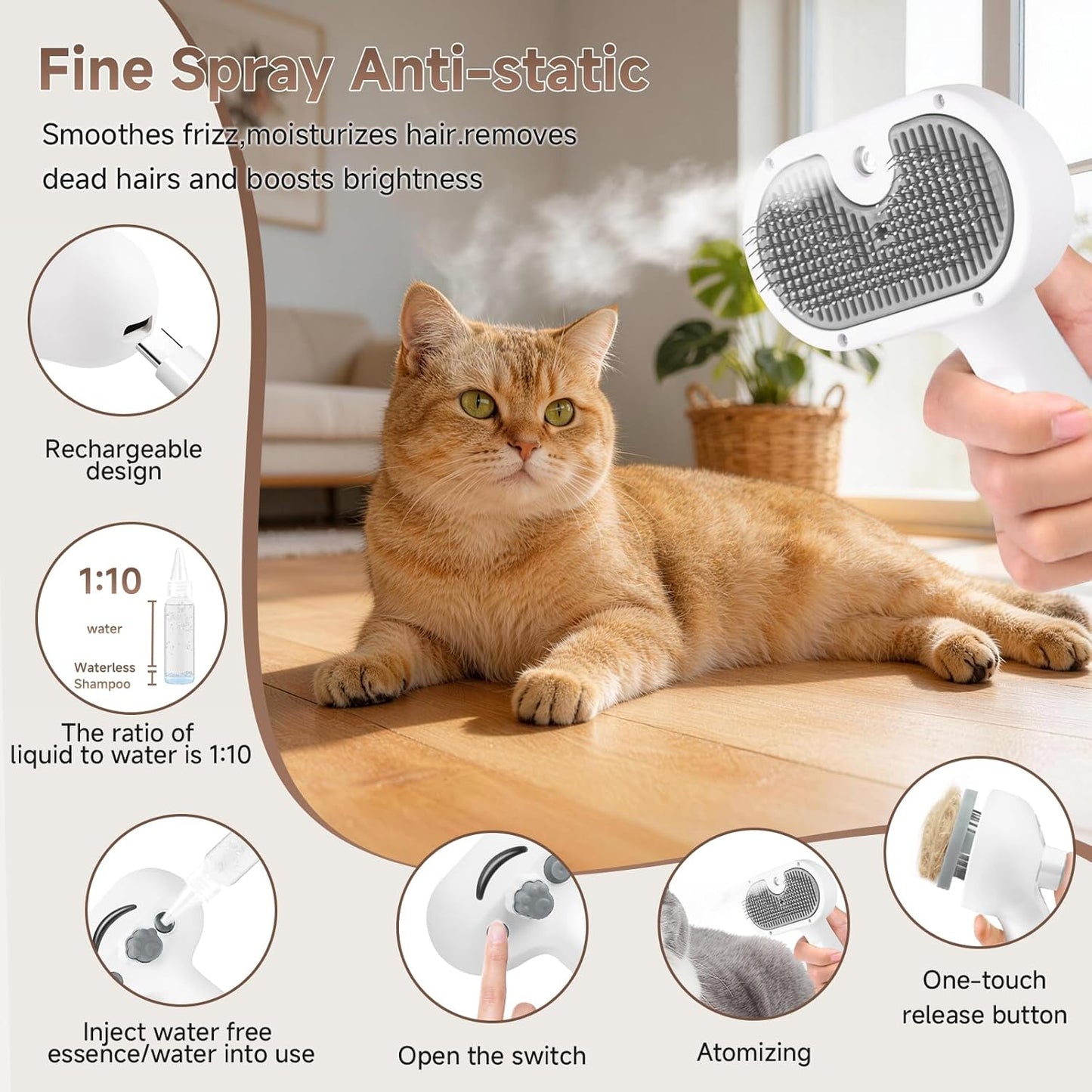 Pet Steam Brush for Dog & Cat - Pet comb leave-inserum for Shedding & Hair Removal - Self Cleaning Spray Comb with Mist for Long Haired Pets - Includes 2*Waterless Shampoo, Grey