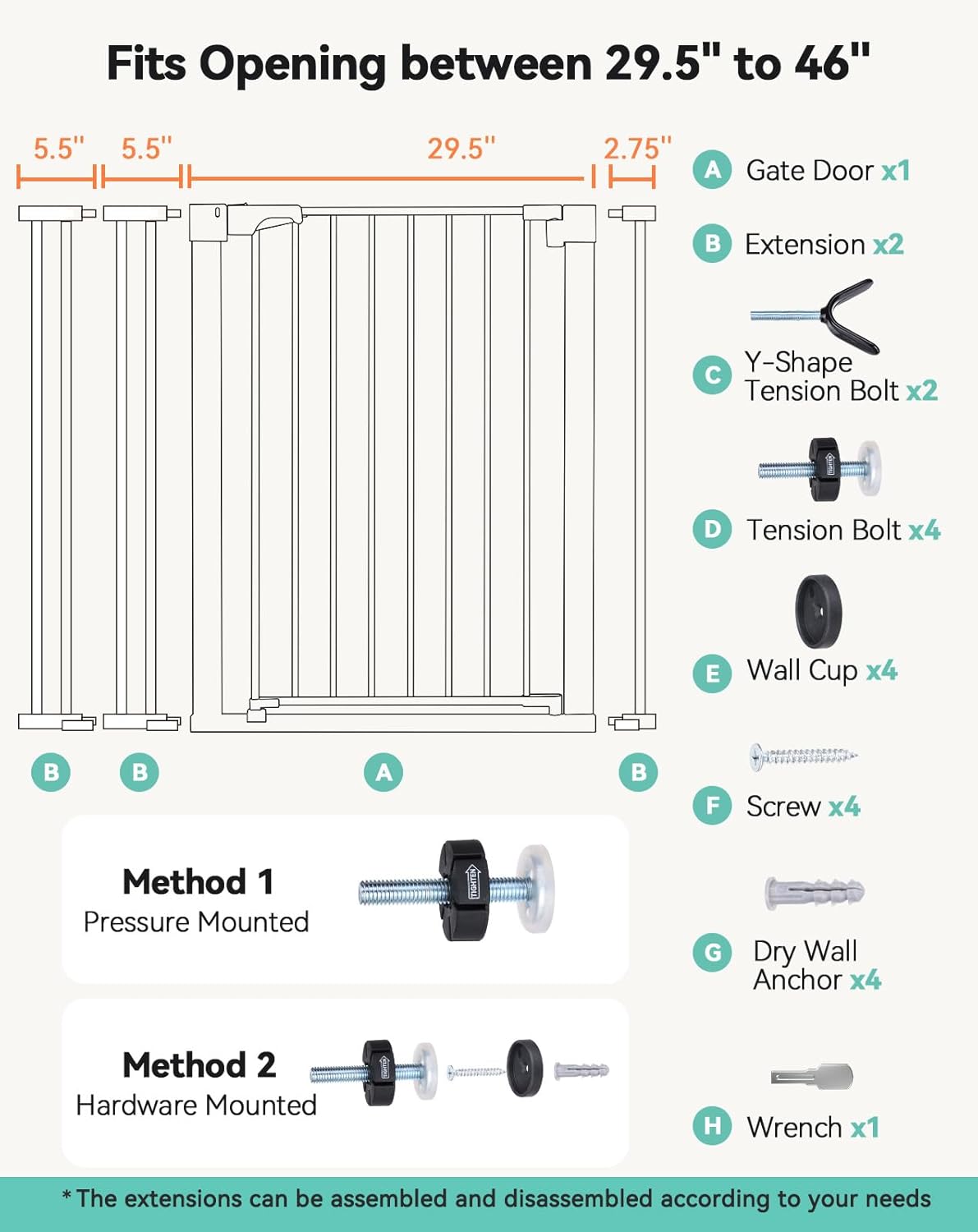 COMOMY 36" Extra Tall Baby Gate for Stairs and Doorways - Fits 29.5" to 48.8" Wide Openings, Auto Close Extra Wide Dog Gate for House, Pressure Mounted Easy Walk Through Pet With Door, Black