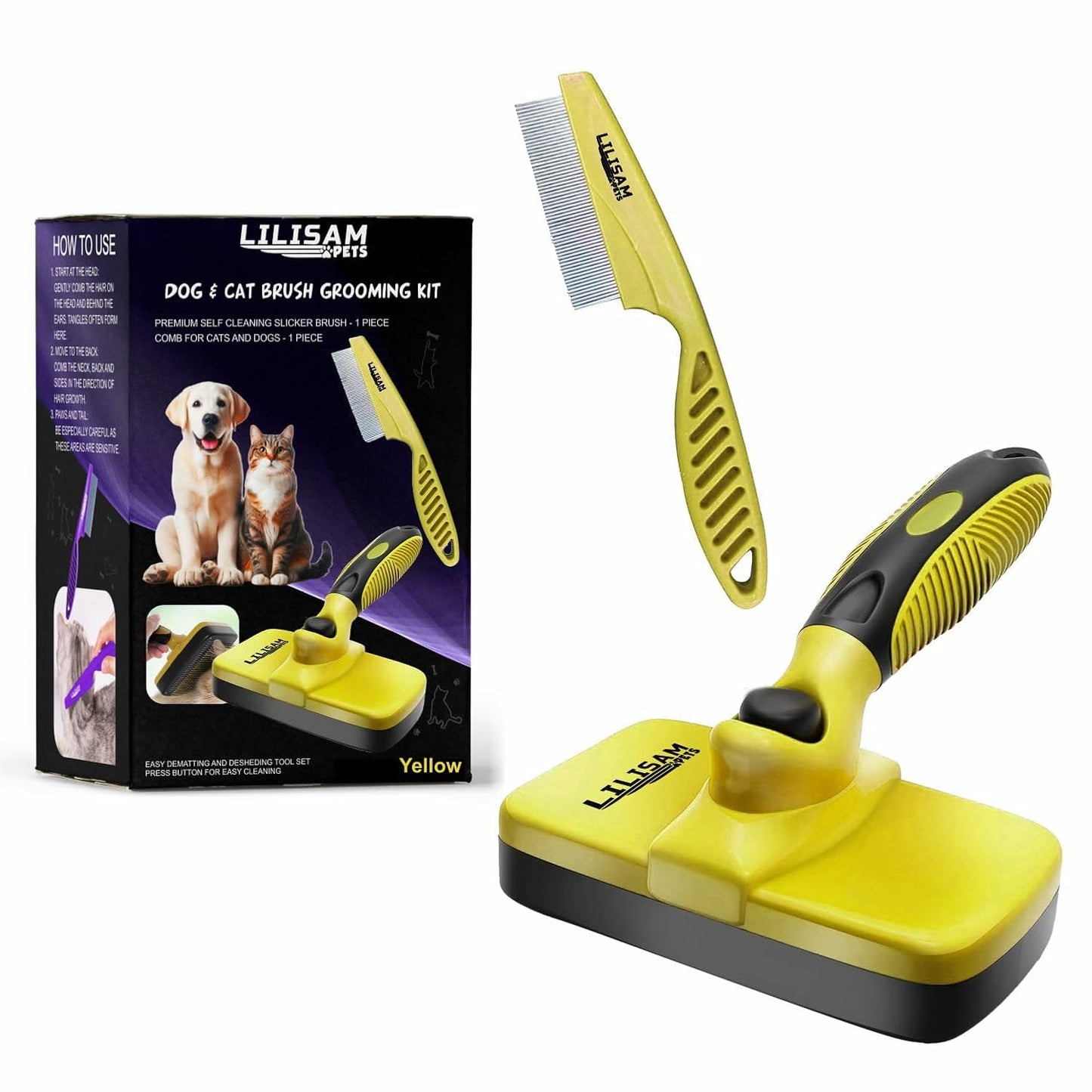 Pet Self Cleaning Slicker Brush and Grooming Comb - Gently Removes Loose Hair, Tangles, and Dirt - Skin Friendly Deshedding Grooming Tool for Hair Dogs & Cats - Pet Supplies Accessories (Purple)