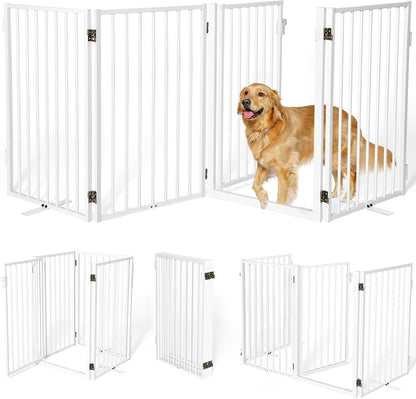 Metal Freestanding Dog Gates with Door for Outdoor Indoor,80'' Extra Wide 32'' Tall Free Standing Dog Gate for Doorways,Large Openings,Deck,Yard,Foldable Safety Pet Fence(Black,4 Panels)
