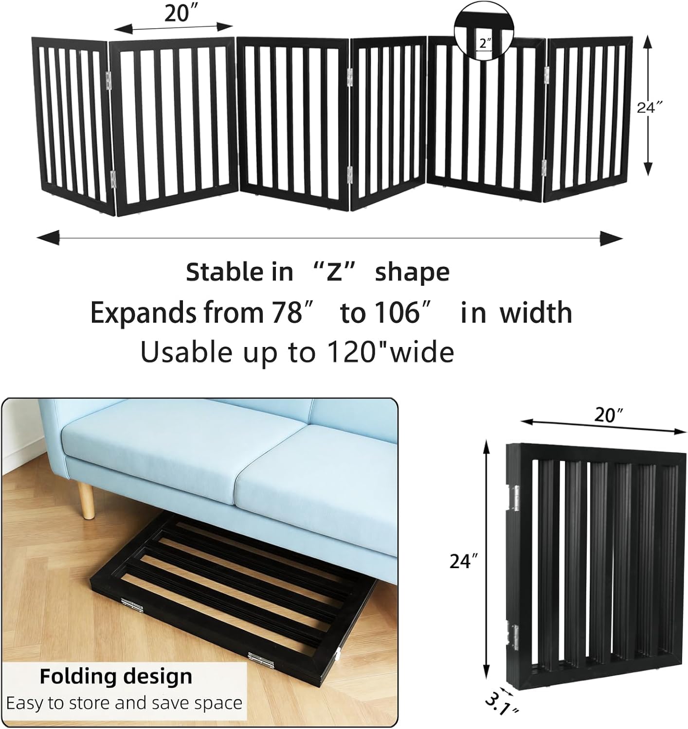 Dog Gate Indoor, Freestanding Dog Fence for The House, Doorways, Hallways,or Stairs,Pet Gate Foldable Wooden,Expandable 24" Height 3 Panels,White