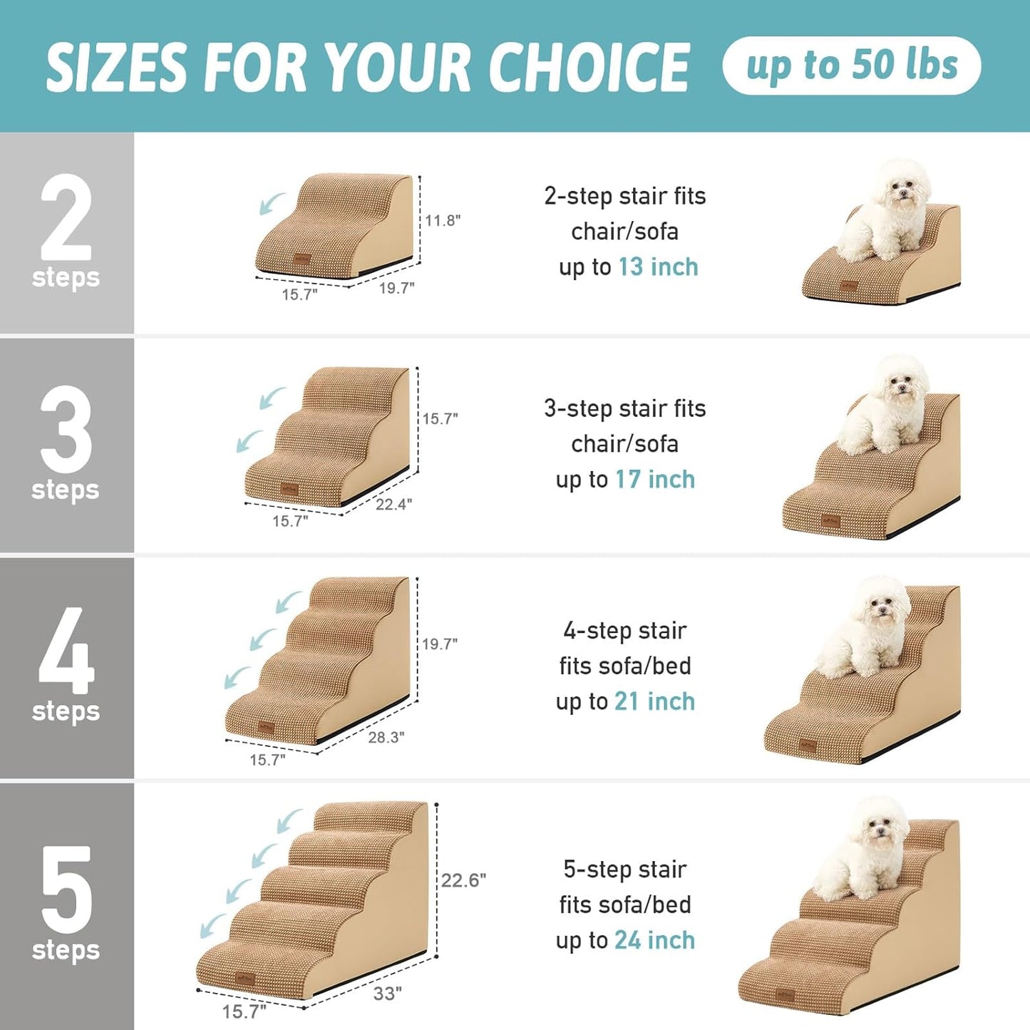 COZY KISS Dog Stairs for Small Dogs 15.7" H, Curved Dog Step for Puppy, Older Cat, Medium Pet Ramp for Sofa, Couch or Chair, Ladder with High Density Foam, 3 Step, 15.7x22.4x15.7 inch, Beige