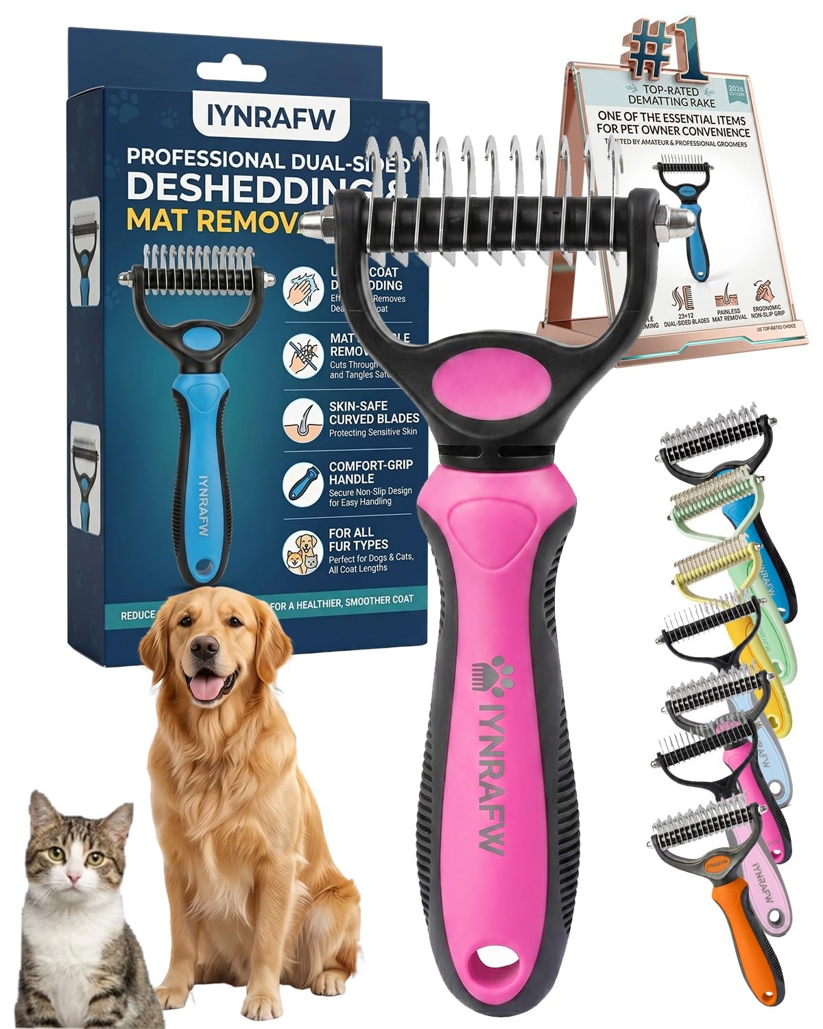 Pet Pro Grooming Tool Dual Tooth Pet Grooming Comb Undercoat Rake for Dogs Cats Long Hair Deshedding Tool Dematting Brush Double Sided Stainless Steel Teeth Remover Mats Tangles Loose Fur