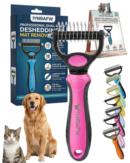Pet Pro Grooming Tool Dual Tooth Pet Grooming Comb Undercoat Rake for Dogs Cats Long Hair Deshedding Tool Dematting Brush Double Sided Stainless Steel Teeth Remover Mats Tangles Loose Fur