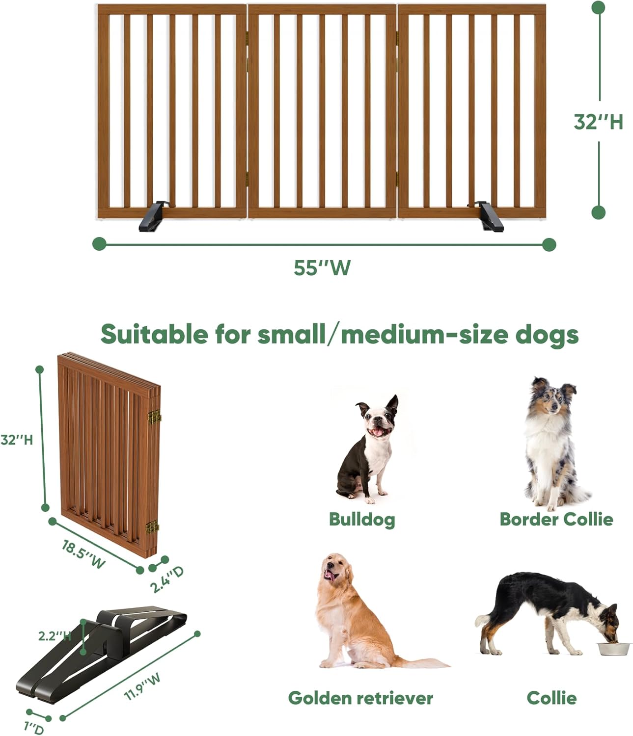 Freestanding Foldable Dog Gate - 4 Panel Room Divider with Metal Support Feet (Black)