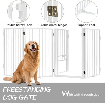 Metal Freestanding Dog Gate with Cat Door for Outdoor Indoor,80" Extra Wide Foldable Pet Fence,30" Tall Dog Gate for Large Opening,Stairs,Hallways,Doorways,Deck,Yard,with 3PCS Support(4 Panels,Black)