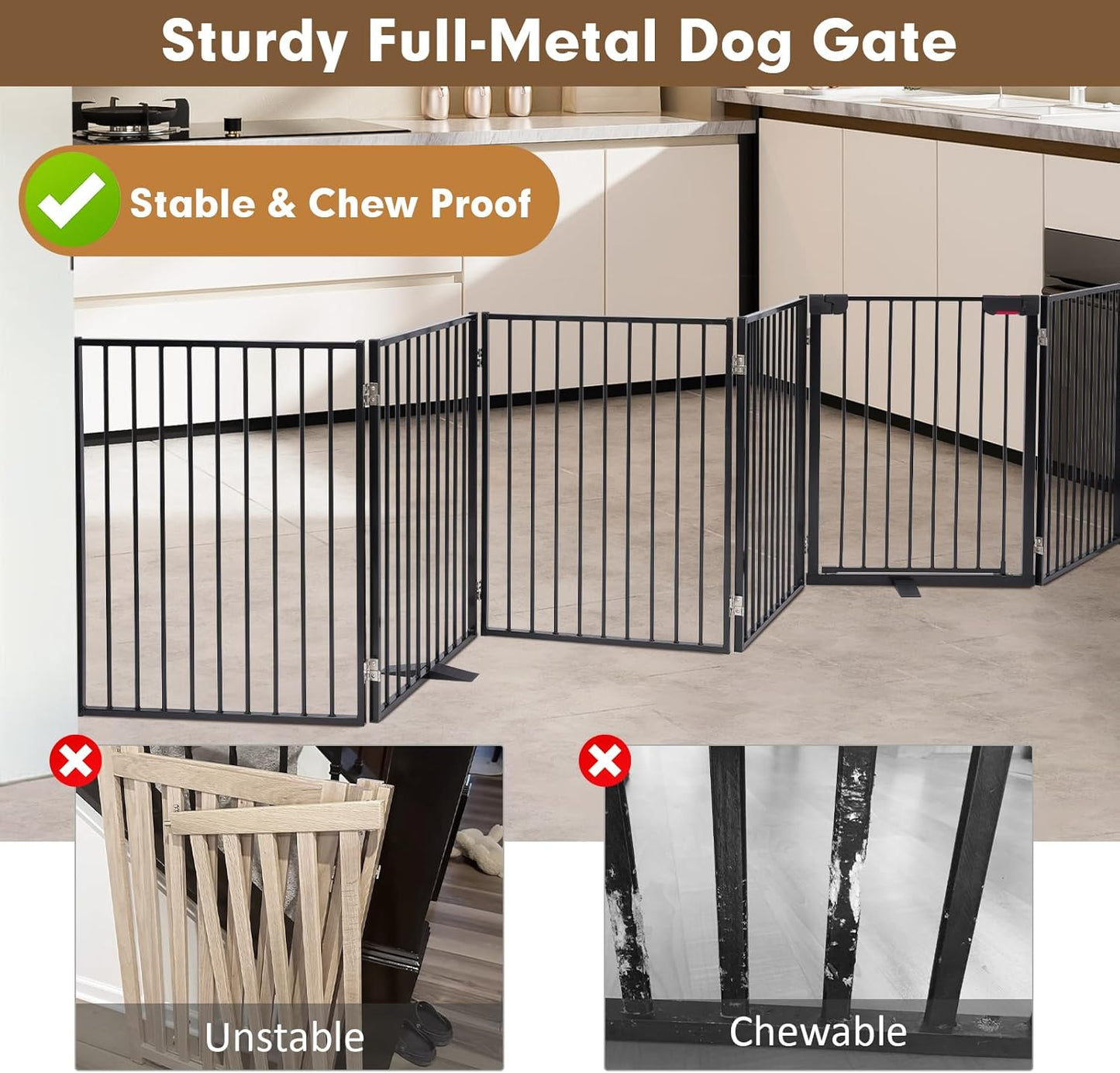 Metal Freestanding Dog Gates,Extra Wide 24", 32" Height Foldable Dog Fence for Indoor & Outdoor, Heavy Duty Freestanding Pet Barrier for Stairs, Doorways, Halls, Kitchen,Yard