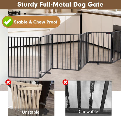 Metal Freestanding Dog Gates,Extra Wide 24", 32" Height Foldable Dog Fence for Indoor & Outdoor, Heavy Duty Freestanding Pet Barrier for Stairs, Doorways, Halls, Kitchen,Yard