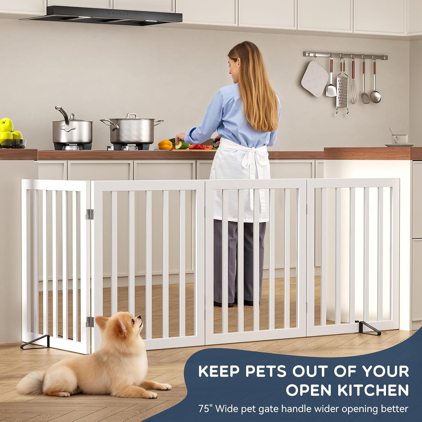 Homykic Bamboo Freestanding Dog Gate, No Assembly Pet Gate Indoor, 24”H x 75”W Extra Wide Foldable Puppy Fence with Support Feet for the House, Doorways Stairs, 4 Panels, No Drilling, Espresso