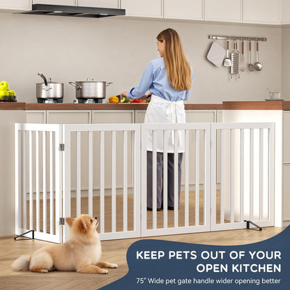 Homykic Bamboo Freestanding Dog Gate, No Assembly Pet Gate Indoor, 24”H x 75”W Extra Wide Foldable Puppy Fence with Support Feet for the House, Doorways Stairs, 4 Panels, No Drilling, Espresso