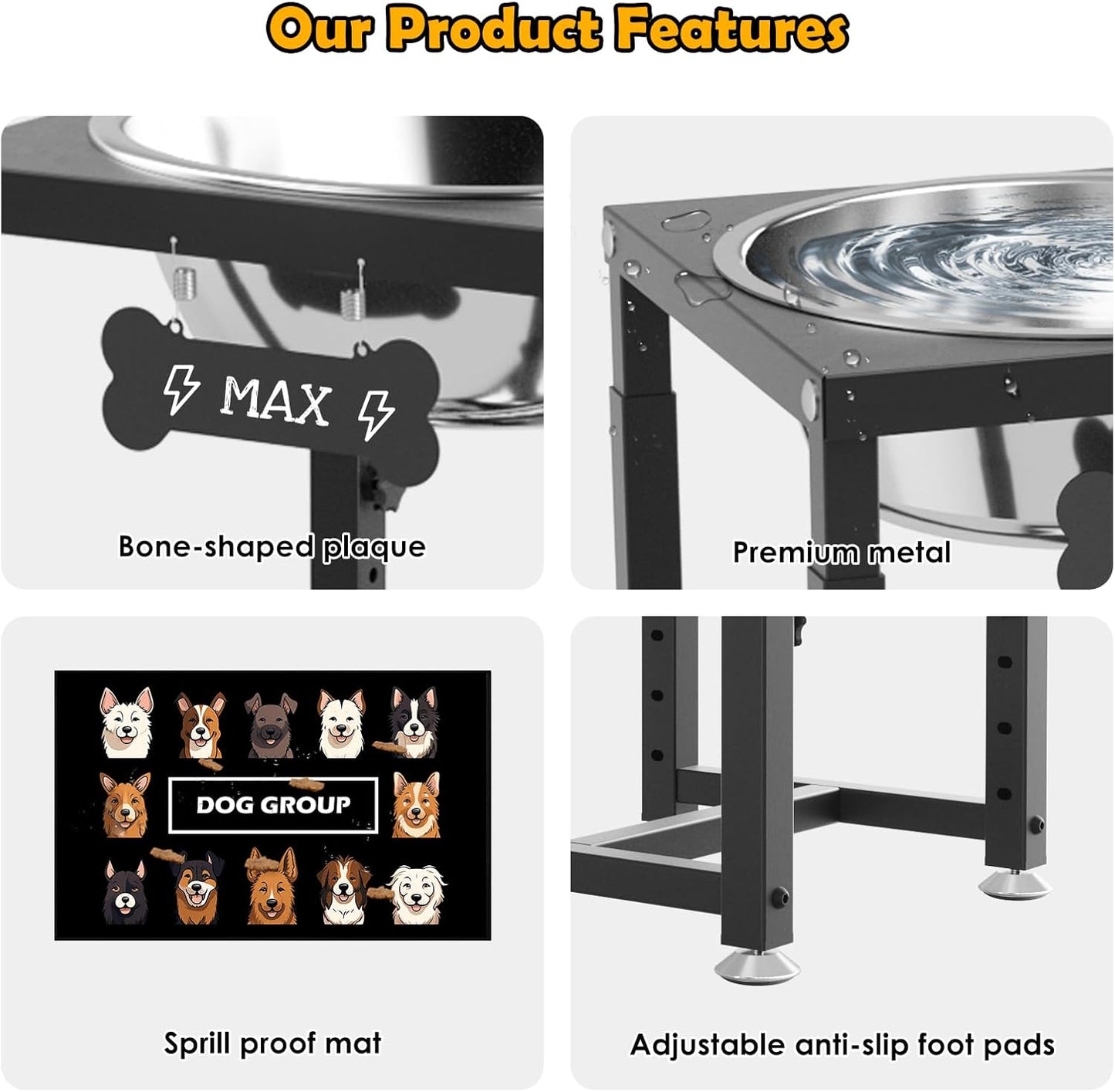 ADENGL 1.6 Gallon Elevated Dog Water Bowl for Large Dogs, 4-Height Adjustable (13–18'') Raised Stainless Steel Bowl with Spill-Proof Mat & Sturdy Metal Stand, Easy-Clean Feeder for Indoor/Outdoor Use
