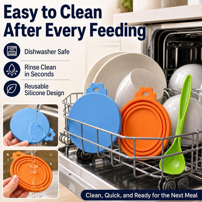 Lydia’s Deal Pet Food Can Covers 2-Pack, Thick Silicone Universal Can Lids for Dog & Cat Food, Fits 3oz/5.5oz/12oz, Airtight Seal, Durable & Dishwasher Safe, Easy Grip with Spoon (Blue & Orange)