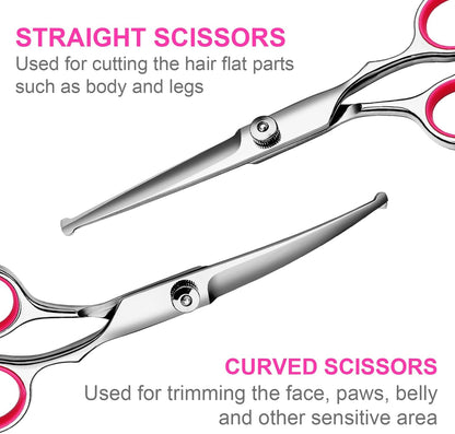 TINMARDA Dog Grooming Kit, Professional Stainless Steel Dog Grooming Scissors with Curved Shears, Pink Finger Rings - 4 Piece Sharp Durable Pet Shears for Dogs Cats At Home Salon-Quality Grooming