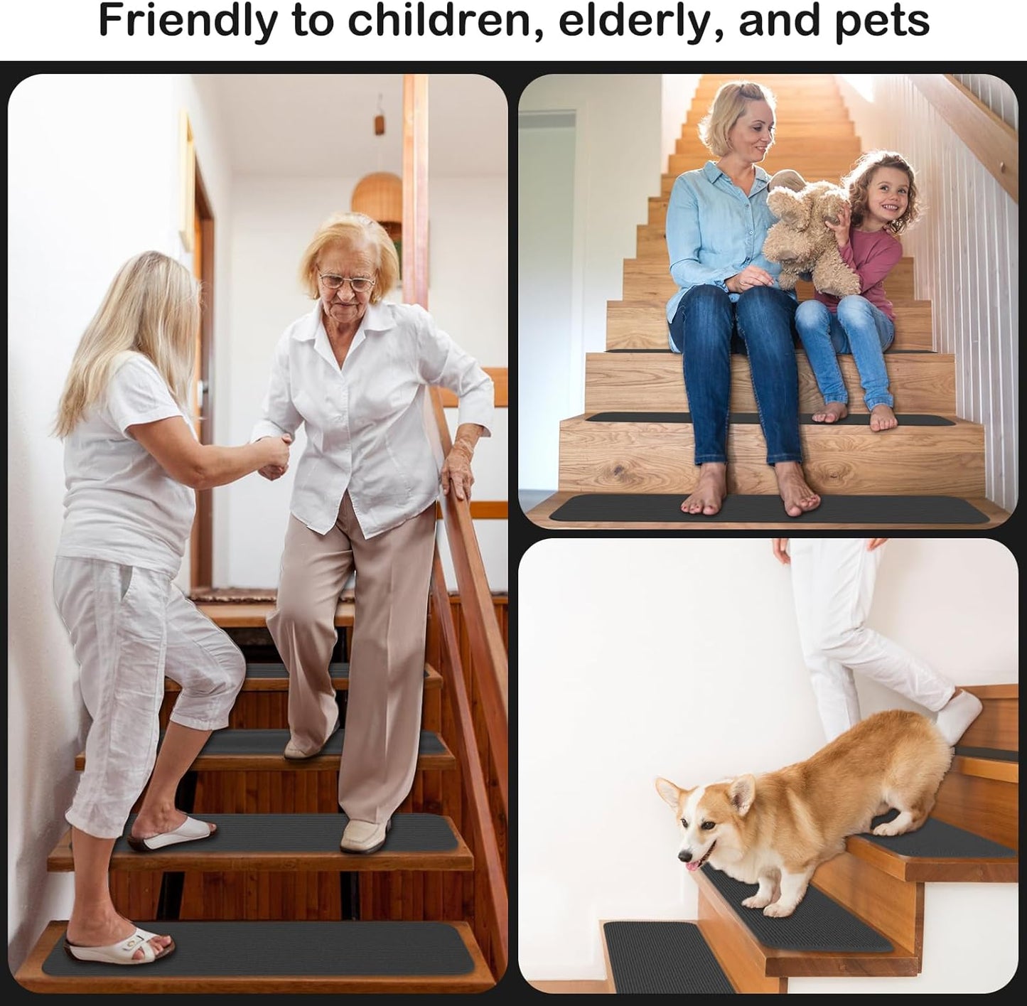 Fixmend Stair Treads Non Slip for Wooden Steps, 8" X 30" (15-Pack) Stair Runner Carpet Treads Indoor with Reusable Adhesive, Stairslide Carpets Rugs Safety Mats for Elders, Kids & Dogs, Dark Grey Leaf