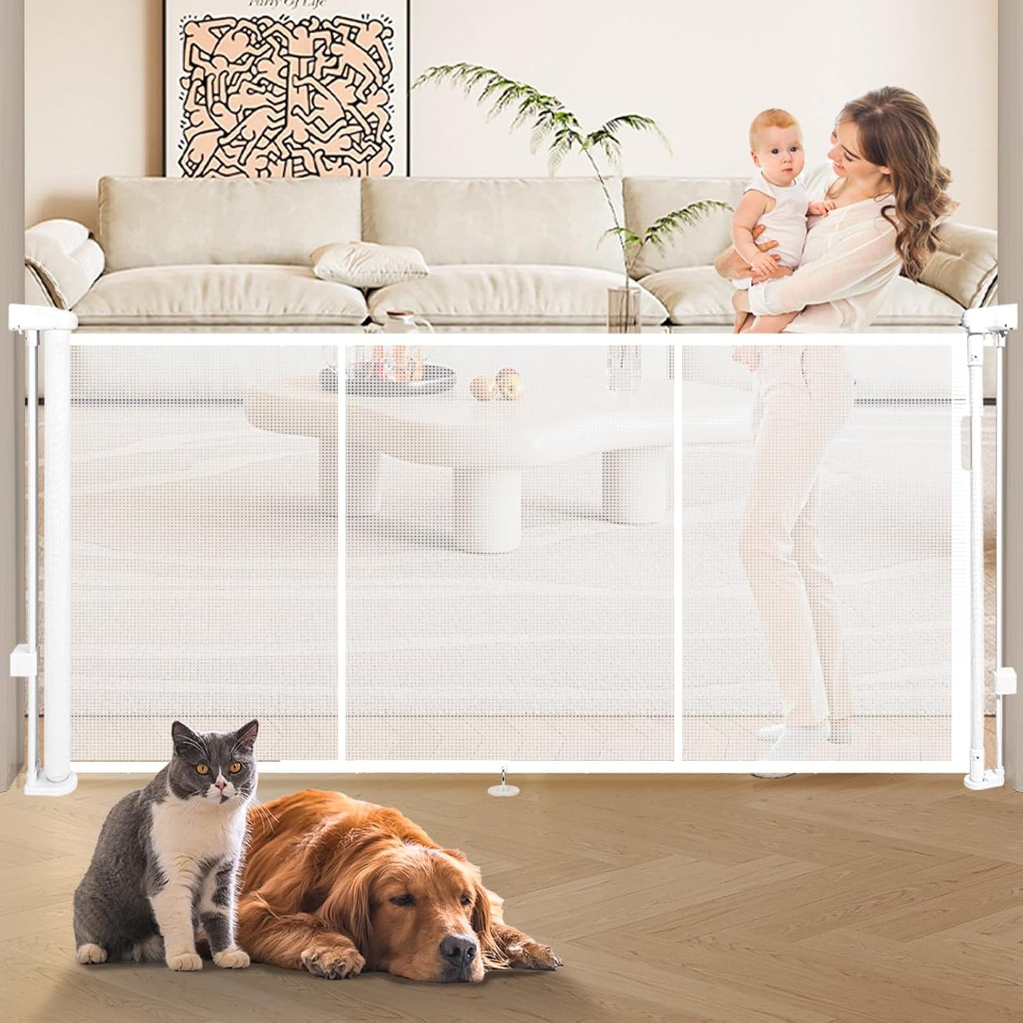 236" Retractable Baby Gate Extra Wide, 41" Tall Retractable Dog Gate for Stairs, Doorways, Decks, Mesh Gate Long Child Gate Pet Gate for Indoor, Outdoor, with Reinforced Mesh Rods, Dual Locks