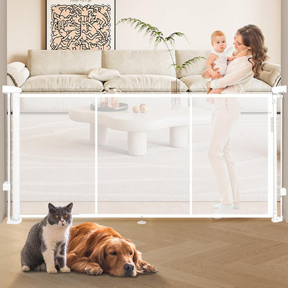 236" Retractable Baby Gate Extra Wide, 41" Tall Retractable Dog Gate for Stairs, Doorways, Decks, Mesh Gate Long Child Gate Pet Gate for Indoor, Outdoor, with Reinforced Mesh Rods, Dual Locks