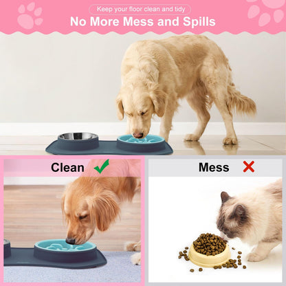 Anipaw Slow Feeder Dog Bowls 3 in 1 Stainless Steel Food and Water Bowls with Non-Spill and Skid Silicone Mat to Slow Down Eating for Large Medium Small Breed Size Dogs and Cats