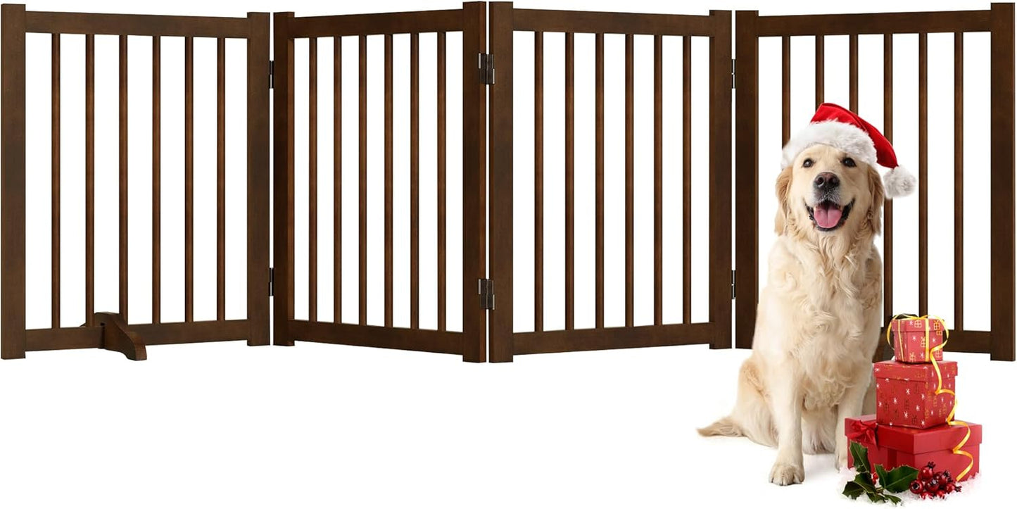 36" H Freestanding Dog Gate, Solid Wood Foldable Pet Gate with Support Feet, Wooden Tall Dog Gate for Doorway, Stairs & Indoor Use, 60" Wide Expandable Pet Fence, 3 Panels, Walnut